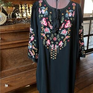 Umgee Black Dress with Red and White Floral Embroidery